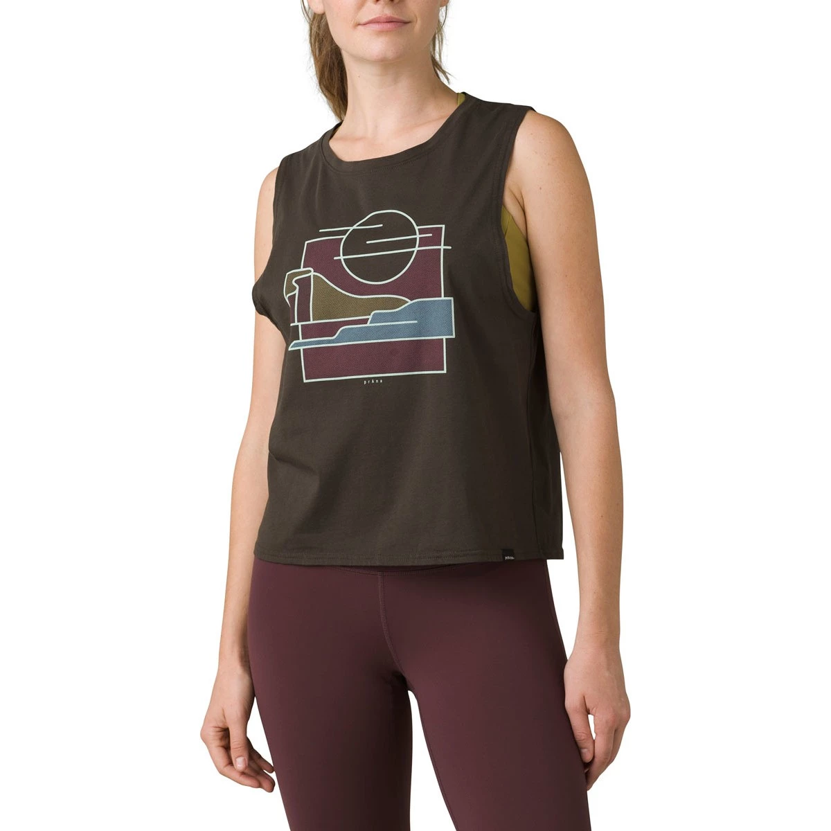 Women's PrAna Organic Graphic Sleeveless Tank Top Washed Black Throwback 1 Women's PrAna Organic Graphic Sleeveless Tank Top Washed Black Throwback