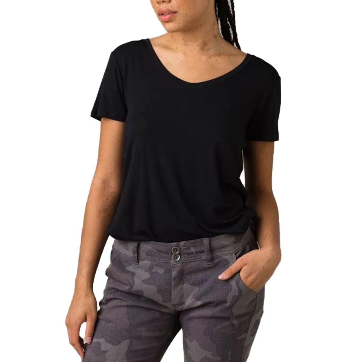 Women's PrAna Foundation Short Sleeve V-Neck Morning Glory Stripe 1 Women's PrAna Foundation Short Sleeve V-Neck Morning Glory Stripe