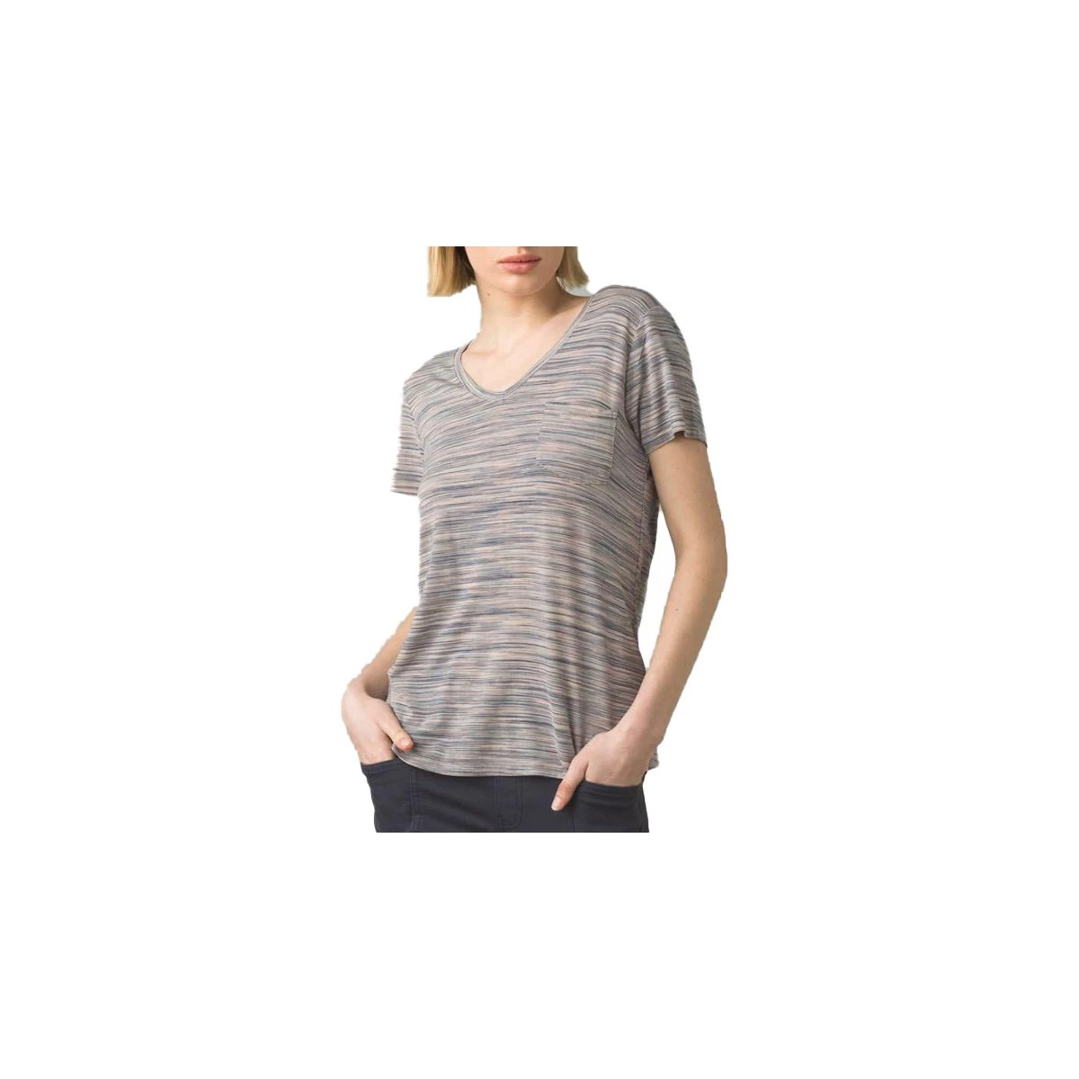 Women's PrAna Foundation Short Sleeve V-Neck Morning Glory Stripe 16 Women's PrAna Foundation Short Sleeve V-Neck Morning Glory Stripe - Image 16
